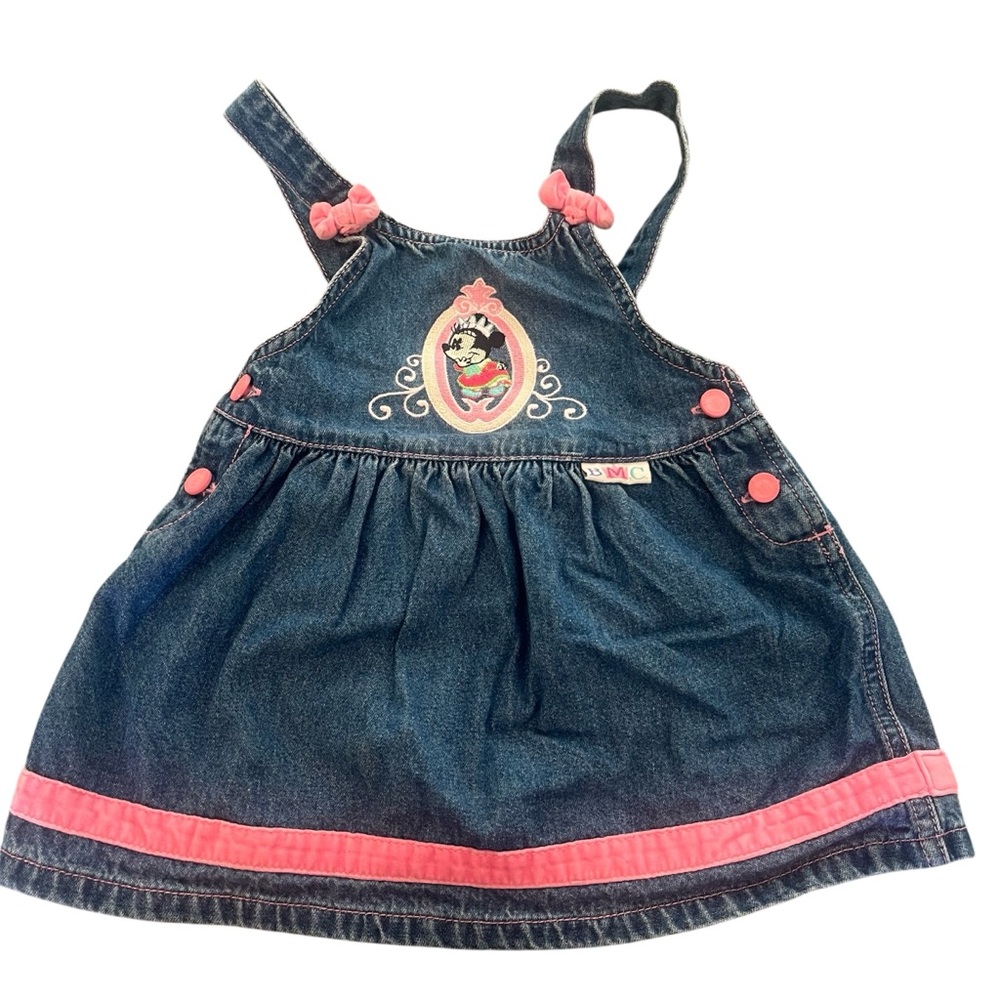 VTG Y2K  Disney Baby Mickey Overalls 24 M Dress Pink Minnie Denim Embroidered